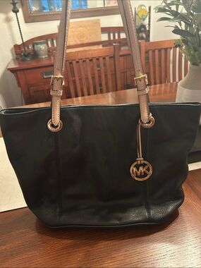 Michael Kors Black Leather Tote with Tan Straps and Gold MK Charm